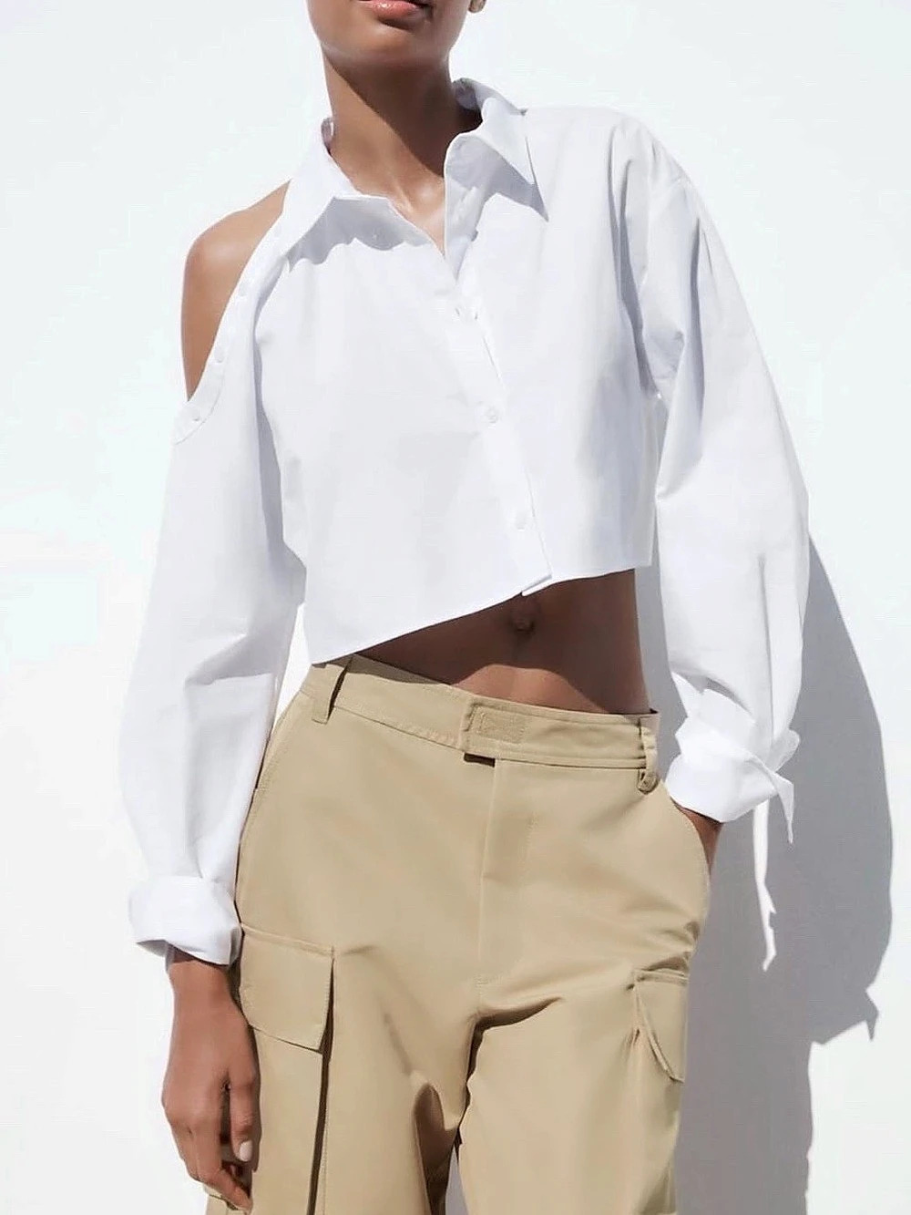 Zara White Cropped Button Down Shirt